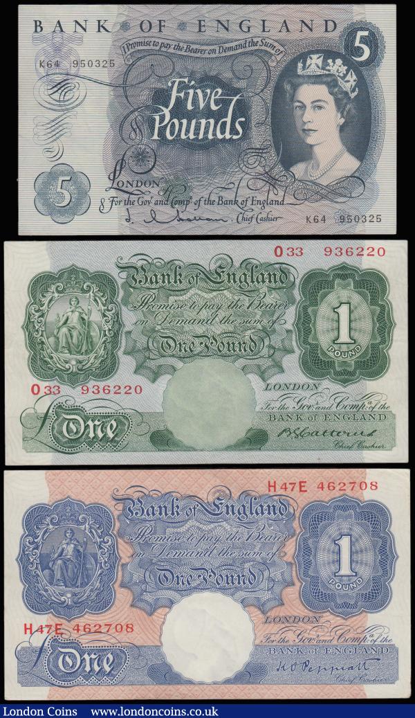 One Pounds Catterns 1930 B225 O33 936220 EF, Peppiatt Blue B249 AU and Five Pounds Hollom K64 950325 EF : English Banknotes : Auction 185 : Lot 147