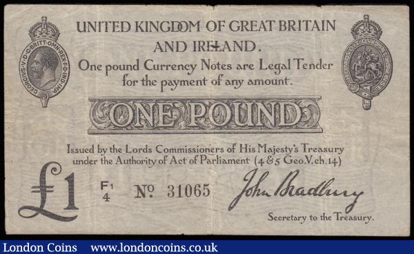 One Pound Bradbury T11.2 issued 1914, series F1/4 31065, portrait of King George V at top left, (Pick349a), Very Good : English Banknotes : Auction 185 : Lot 15