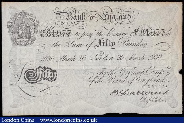 Fifty Pounds Operation Bernhard WW2 German forgery  Catterns white note B231 London 20 March 1930  SN 42/N 81977 about Very fine , stains  : English Banknotes : Auction 185 : Lot 152