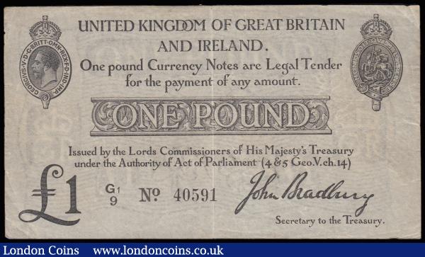 One Pound Bradbury T11.2 issued 1914, series G1/9 40591, portrait of King George V at top left, (Pick349a), Bold Fine penned signature on the back : English Banknotes : Auction 185 : Lot 16