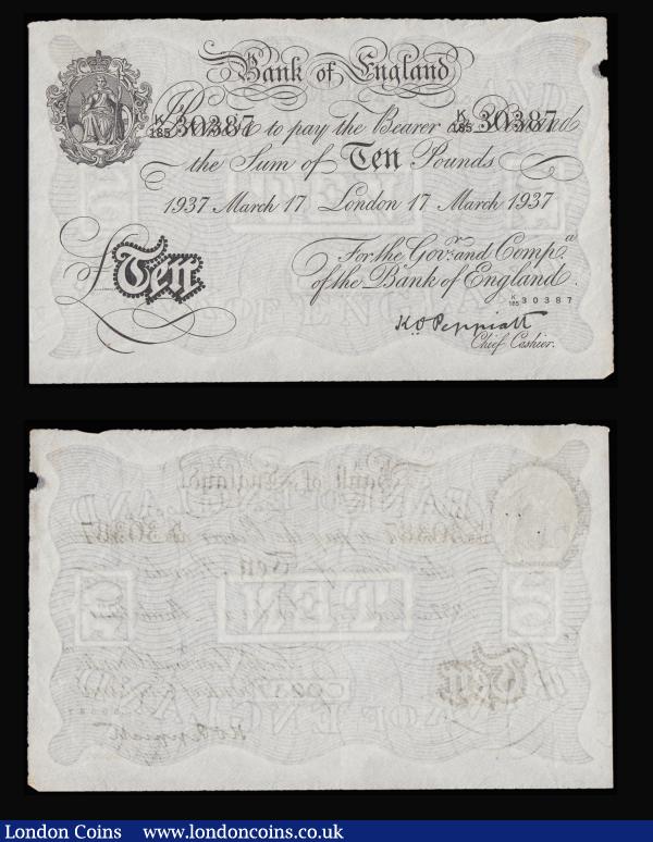 Ten Pounds Operation Bernhard WW2 German forgery   K.O. Peppiatt White Note  B242 (2 )  London 17 March 1937  serial  number K/185 30387  about GVF pinholes with light stains and minor edge nick,  London 19 November 1936 serial number K/178 08393 VF with stains : English Banknotes : Auction 185 : Lot 164
