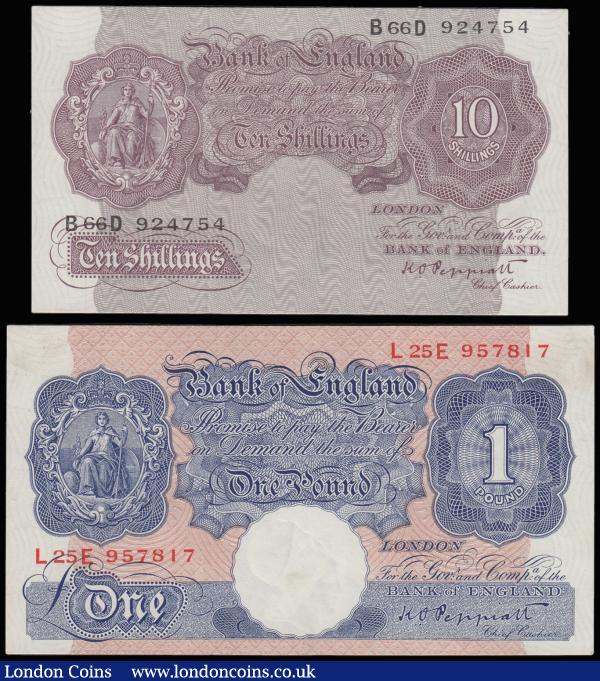 Peppiatt in high grade (2) Ten Shillings Peppiatt mauve B251 issued 1940 series B66D 924754 Unc and One Pound 1940 blue shade B249 prefix L25E AU : English Banknotes : Auction 185 : Lot 176