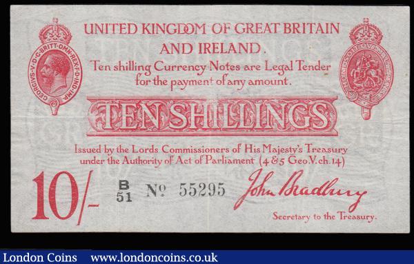 Ten Shillings Bradbury T12.1 issued 1915, series B/51 55295, portrait King George V at top left, (Pick348a), Fine : English Banknotes : Auction 185 : Lot 18