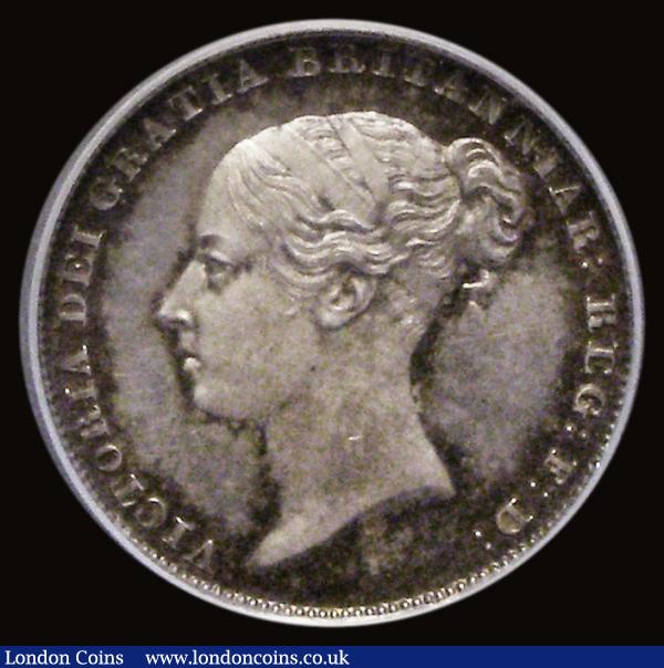 Sixpence 1839 Plain Edge Proof, die axis upright, ESC 1685, Bull 3171, nFDC with blue/grey and gold toning upon reflective fields, in an LCGS holder and graded LCGS 88 : English Coins : Auction 185 : Lot 1818
