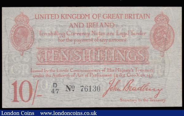 Ten Shillings Bradbury T12.1 issued 1915, series D/47 76130, portrait King George V at top left, (Pick348a), probably VF for wear but the colours faded presumed once cleaned : English Banknotes : Auction 185 : Lot 19