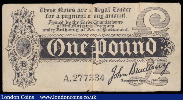 One Pound Bradbury 1914 First Issue Duggleby T1 series A. 277334 perhaps VF for wear but has been torn and repaired and seldom offered in any grade : English Banknotes : Auction 185 : Lot 2
