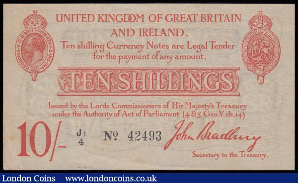 Ten Shillings Bradbury T12.2 issued 1915, series J1/4 42493, portrait King George V at top left, (Pick348a), EF with a few minor brown marks, still with some original sheen visible when held up to light : English Banknotes : Auction 185 : Lot 20