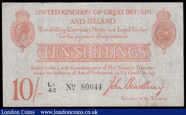 Ten Shillings Bradbury T12.2 issued 1915, series L1/42 80044, portrait King George V at top left, (Pick348a), Very Good : English Banknotes : Auction 185 : Lot 21