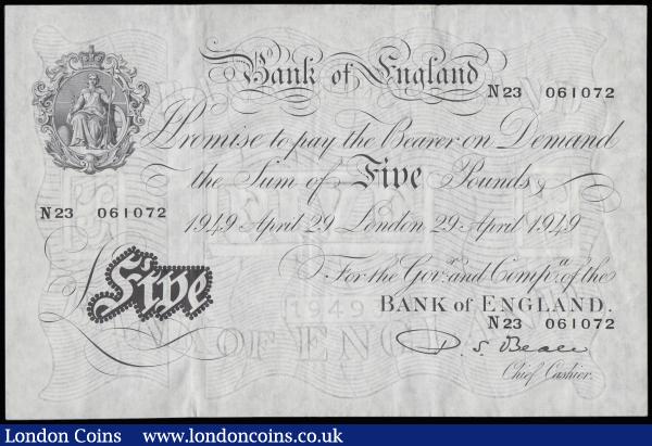 Five Pounds Beale white B270 dated 29 April 1949 series N23 061072, Pick344, GVF : English Banknotes : Auction 185 : Lot 216
