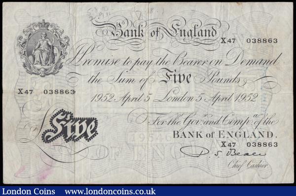 Five Pounds Beale white B270 dated 5 April 1952 prefix X47, Fine one pinhole, light red stain, bankers stamp and inked annotations reverse : English Banknotes : Auction 185 : Lot 220
