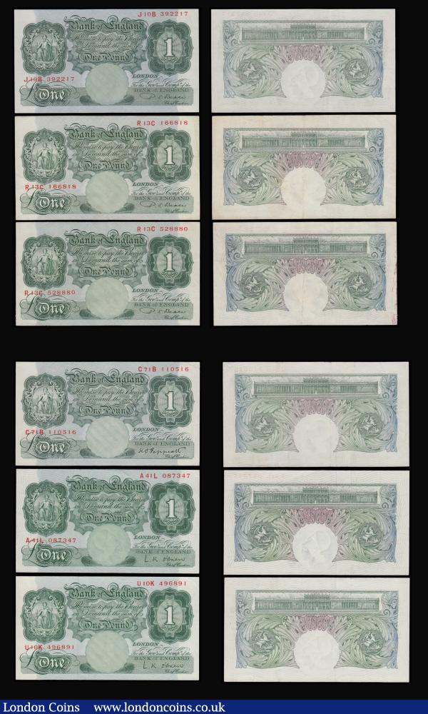 Ten Shillings Beale B266 prefix H99Z and O'Brien B271 prefix B31Y these EF-AU. One Pound Peppiatt Blue C43H prefix EF, Peppiatt green prefix C71B GVF, Beale (3) 1950 B268 GVF-AU, O'Brien B273 1955 (2) AU-Unc : English Banknotes : Auction 185 : Lot 235