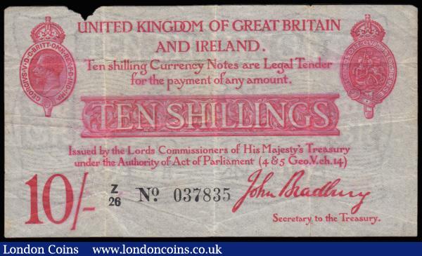 Ten Shillings Bradbury T13.1 1915, series Z/26 037835, portrait King George V at top left, (Pick348a), Fine with edge damage top left : English Banknotes : Auction 185 : Lot 24