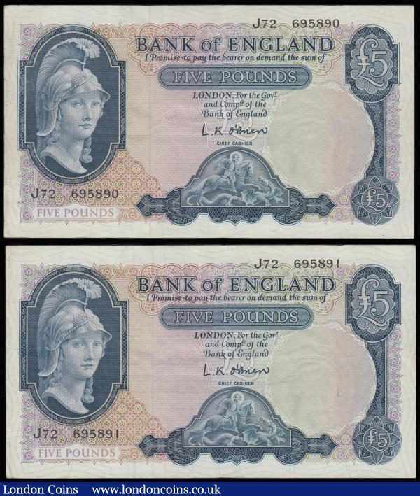 Five Pounds O'Brien B280 Helmeted Britannia issued 1961 (2 consecutives) J72 695890 and 891 both GVF : English Banknotes : Auction 185 : Lot 251
