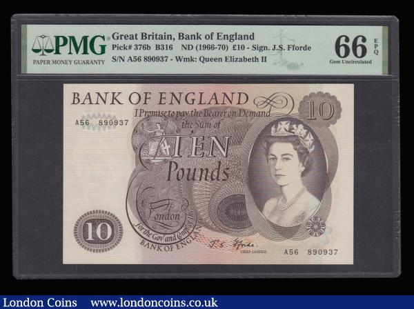 Ten Pounds Fforde B316 issued 1967, series A56 890937 GEM Uncirculated PMG 66 EPQ desirable thus : English Banknotes : Auction 185 : Lot 263