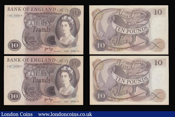 Ten Pounds Page Lion and Key 1971 B326 (4 consecutives) C33 640374-77 AU-Unc : English Banknotes : Auction 185 : Lot 274