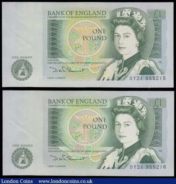 One Pound Somerset B341 issued 1981 very last run (2 consecutives) DY21 955215 and 216 UNC : English Banknotes : Auction 185 : Lot 296