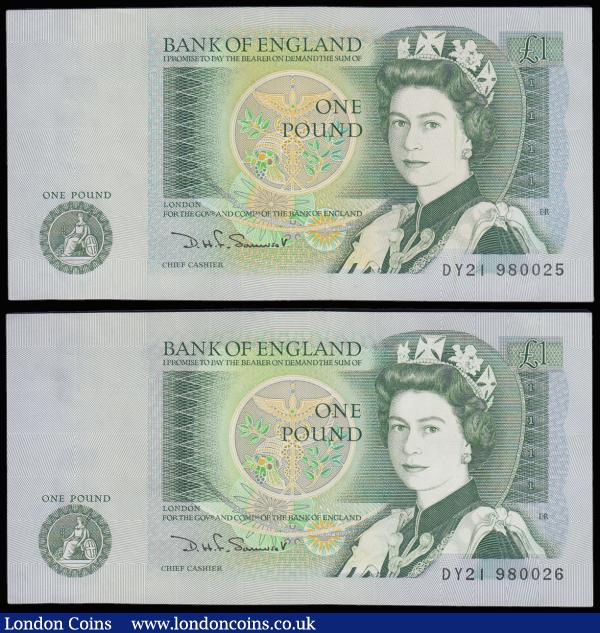 One Pound Somerset B341 issued 1981 very last run (2 consecutives) DY21 980025 and 026 UNC : English Banknotes : Auction 185 : Lot 297