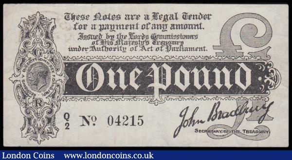 One Pound Bradbury T3.2 issued 1914 series Q/2 04215, pleasant Good VF two banker's stamps on the back Kendall Aug 1914 : English Banknotes : Auction 185 : Lot 3