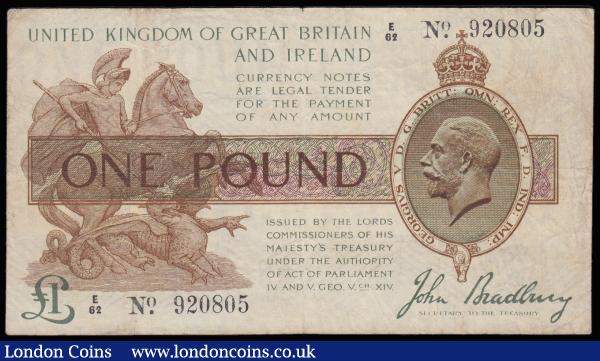 One Pound Bradbury 1917 issue T16 series E/62 920805, King George V portrait Fine : English Banknotes : Auction 185 : Lot 30