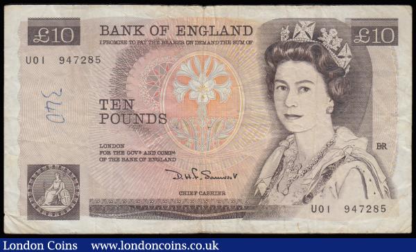Ten Pounds Somerset Florence Nightingale 1980 B346 prefix U01 First series. Very rare. U01 947285. Fine a few pinholes and penned number front, seldom offered in any grade : English Banknotes : Auction 185 : Lot 307