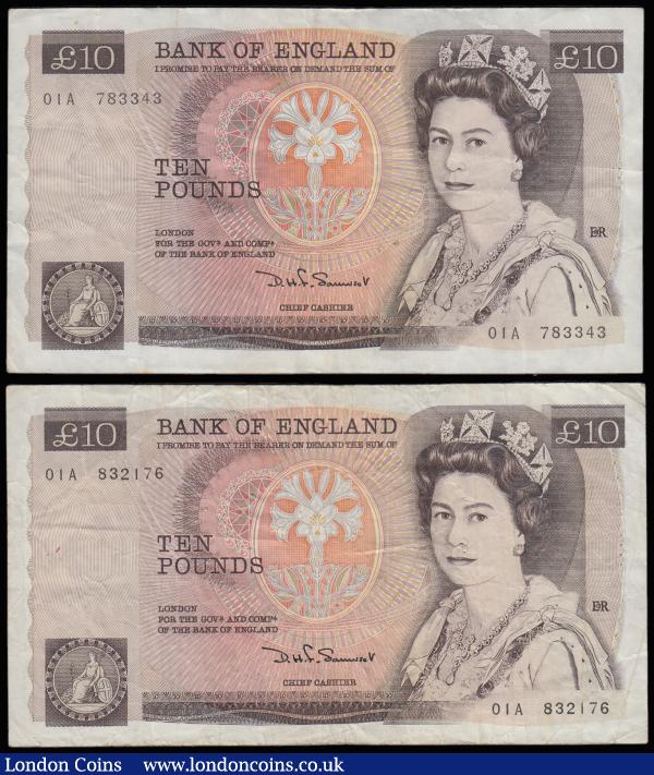 Ten Pounds Somerset QE2 pictorial & Florence Nightingale, B347 Brown issue 1980 very FIRST RUN (2) serial 01A 783343 and 832176 both Fine with pinholes a scarce and seldom offered note : English Banknotes : Auction 185 : Lot 308
