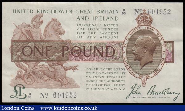 One Pound Bradbury 1917 issue T16 series G/63 691952, King George V portrait Bold and Original VF : English Banknotes : Auction 185 : Lot 31