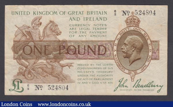 One Pound Bradbury T16 issued 1917 series C/8 524804, Pick351, Fine : English Banknotes : Auction 185 : Lot 33