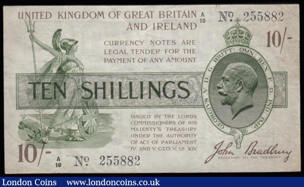 Ten Shillings Bradbury George V portrait T17 issued 1918 black serial A/10 255882, No. with dot, (Pick350a), VF or near so : English Banknotes : Auction 185 : Lot 34