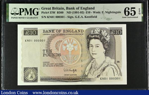 Ten Pounds Kentfield B360 issued 1991 very first run KN01 000301 Gem Uncirculated PMG 65EPQ : English Banknotes : Auction 185 : Lot 344