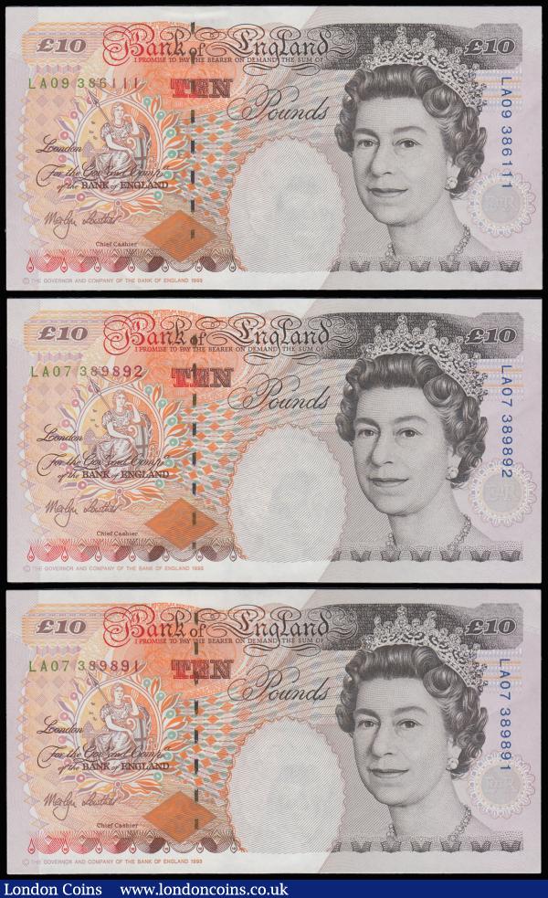 Ten Pounds Lowther 1999 Charles Dickens B382 (3) prefix LA07 x 2 consecutives and LA09 Unc : English Banknotes : Auction 185 : Lot 373