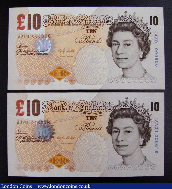 Ten Pounds Lowther B388 "The Company" prefixes AA01 first run (2) AA01 005806 and AA01 006616 both Unc : English Banknotes : Auction 185 : Lot 381