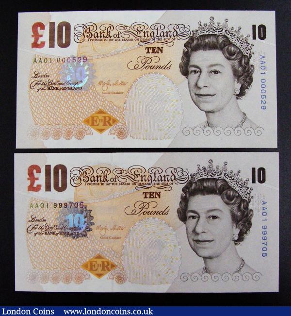Ten Pounds Lowther Charles Darwin (2) THE COMPANY B388 First Run AA01 000529 Unc, AND COMPANY AA01 999705 (from C157 pack) Unc : English Banknotes : Auction 185 : Lot 382