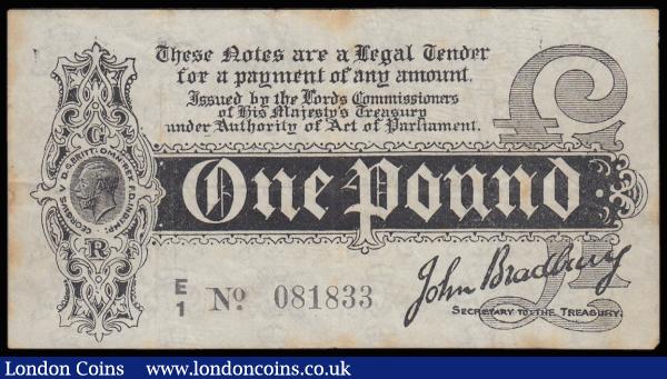 One Pound Bradbury T3.3 Black Six digit serial issue 1914 series E/1 081833 Fine : English Banknotes : Auction 185 : Lot 4