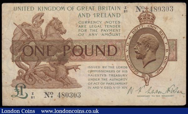 One Pound Fisher T24 Ireland in title First issue 1919 Control Note series Z/81 480303 Very Good : English Banknotes : Auction 185 : Lot 40