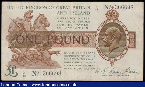 One Pound Warren Fisher T24 issued 1919 last series X/13 366698 VF : English Banknotes : Auction 185 : Lot 43