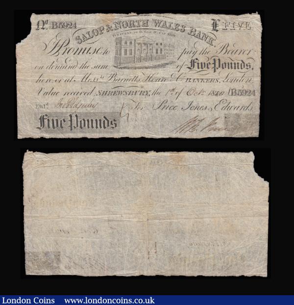Salop & North Wales Bank £5, Shrewsbury issue (2) for Price, Jones & Edwards, (Outing 1962), 1838 Fine but trimmed and 1840 B5924 Fine small part top left corner missing : English Banknotes : Auction 185 : Lot 441