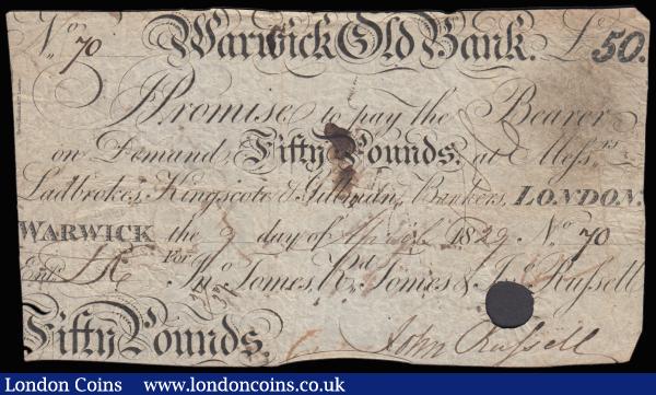 Warwick Old Bank £50 April 1829 series No. 70 for Tomes, Tomes & Russell (Outing 2280) about Fine one large cancellation hole trimmed for postage, a rare high denomination issue : English Banknotes : Auction 185 : Lot 443