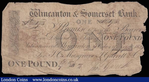 Wincanton & Somerset Bank One Pound September 1824 No 2178 Outing 2368 Very Good and scarce the first one we have seen : English Banknotes : Auction 185 : Lot 445