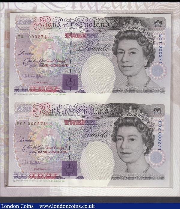 Bank of England Debden Set 1995 a Twenty Pounds uncut pair E01 000271 and E02 000271, Debden Set C118 UNC in the presentation folder  : English Banknotes : Auction 185 : Lot 449