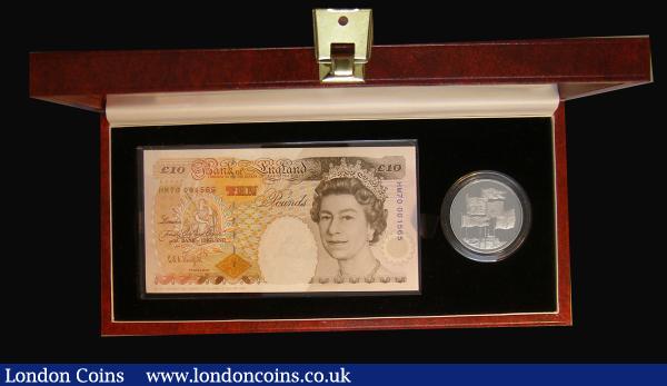 Coin and Banknote Set 1996 Queen Elizabeth II 70th Birthday comprising Ten Pounds Kentfield HM70 001565 UNC and Five Pound Crown 1996 Queen Elizabeth II 70th Birthday Silver Proof, Debden set C120, FDC in the Royal Mint box of issue with certificate : English Banknotes : Auction 185 : Lot 451