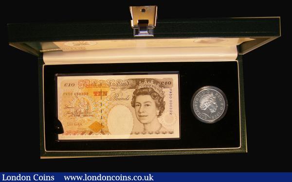 Coin and Banknote Set 1998 Prince of Wales 50th Birthday comprising Ten Pounds Kentfield PW50 000332 UNC and Five Pound Crown 1998 Prince of Wales 50th Birthday Silver Proof, Debden set C131, nFDC with a hint of toning, in the box of issue with certificate, only 397 sets were sold : English Banknotes : Auction 185 : Lot 452