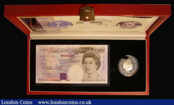 Coin and Banknote Set 1999 Millennium comprising Twenty Pounds Kentfield YR19 991158 UNC and Five Pound Crown 1999 Millennium Silver Proof nFDC with a tone spot on the obverse, Debden Set C140, in the Bank of England/Royal Mint box of issue with certificate (298 sets were sold) : English Banknotes : Auction 185 : Lot 453