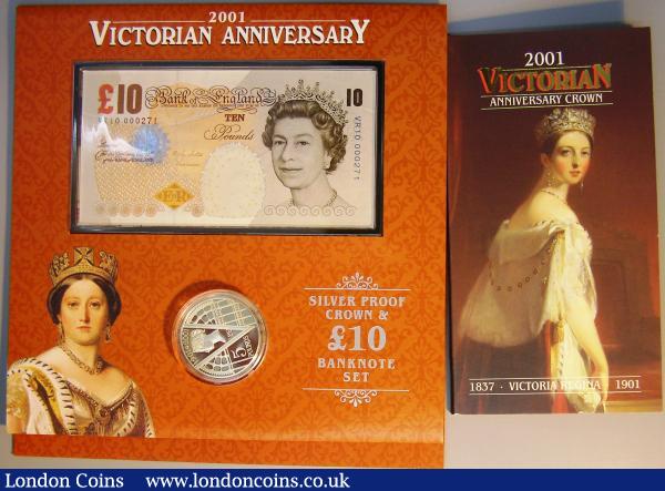 Bank of England Coin and Banknote Set 2001 Victoria Anniversary C160 comprising Bank of England Ten Pounds VR10 000271 UNC and Five Pound Crown 2001 Silver Proof nFDC with minor toning to the reverse, in the Bank of England/Royal Mint pack of issue (327 sets sold). Note: The notes were issued with serial numbers 000251 to 000950 so this is one of the earliest notes from this run. Comes with Five Pound Crown 2001 Victoria Anniversary Cupro-Nickel UNC in the Royal Mint wallet of issue : English Banknotes : Auction 185 : Lot 457