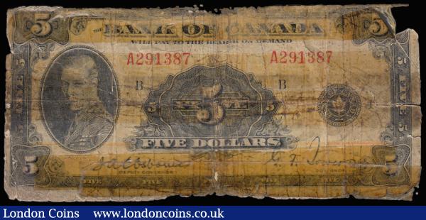 Canada 5 Dollars 1935 Pick 42 George VI at left Good (damaged and repaired) : World Banknotes : Auction 185 : Lot 469
