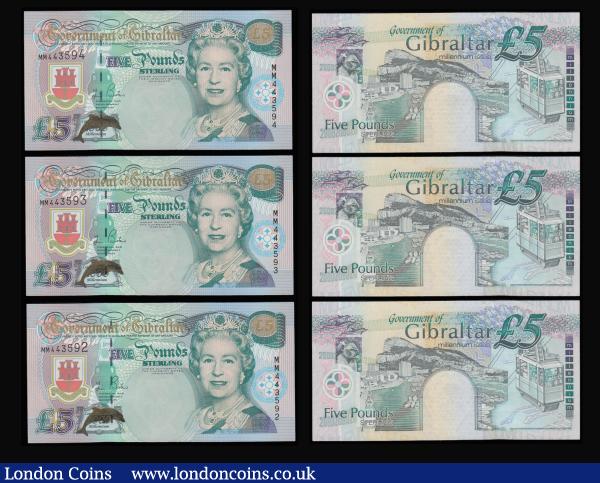 Gibraltar 5 Pounds 4 August 1988 Pick 21 (3) consecutive numbers Unc and 5 Pounds 2000 Pick 29 (3) consecutive numbers Unc : World Banknotes : Auction 185 : Lot 492