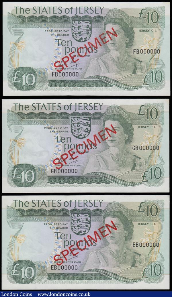 Jersey 10 Pounds 1977 Signed May Young QE II right centre SPECIMENS (3) EB 000000, FB 000000 and GB 000000 Pick 13bs Unc : World Banknotes : Auction 185 : Lot 517