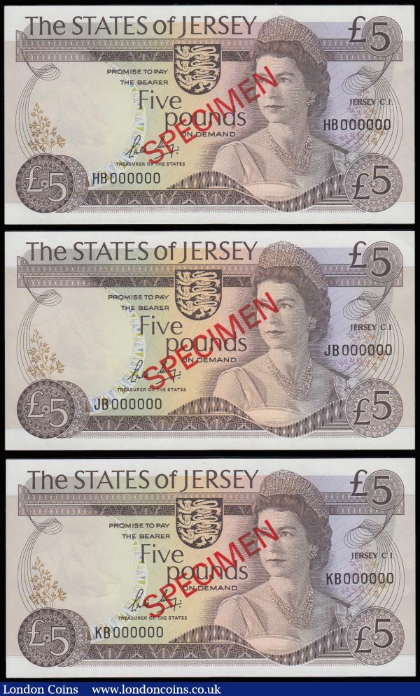 Jersey 5 Pounds 1977 Signed May Young QE II right centre SPECIMENS (3) HB 000000, KB 000000 and JB 000000 Pick 12bs Unc : World Banknotes : Auction 185 : Lot 521