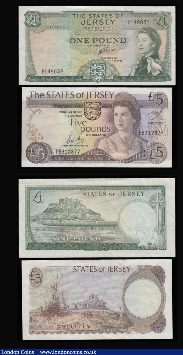 Jersey 5 Pounds Pick 12b VF, 1 Pound Clennet Pick 8b VF, I Shilling Pick 2 No 3407 about Fine 2 pinholes, Sixpence Pick 1 No 122736 Fine 2 pinholes. Isle of Man 1 Pounds (2) both Stallard : World Banknotes : Auction 185 : Lot 522