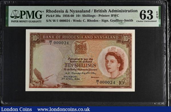 Rhodesia and Nyasaland 10 Shillings 3rd April 1953 W/1 000024 PMG 63 EPQ Pick 20a. W/1 is the first series of this issue so this is just the 24th note printed also in choice grade at 63 EPQ so a rare and desirable note that ticks all the boxes : World Banknotes : Auction 185 : Lot 541