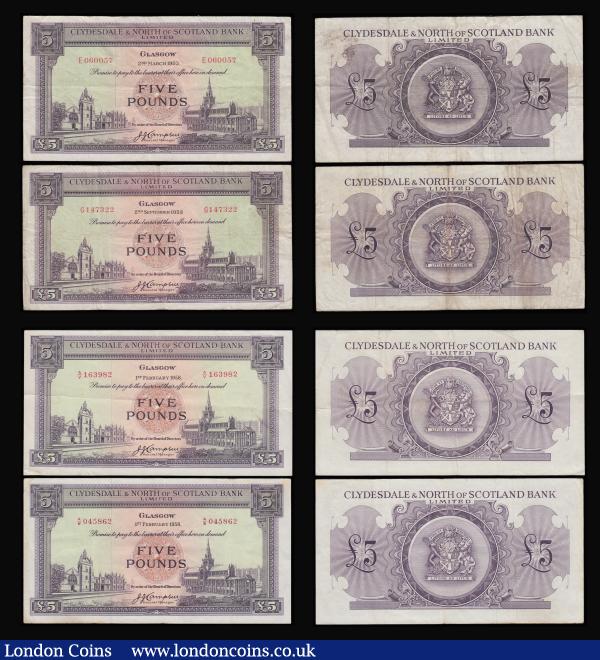 Scotland 5 Pounds (5) Clydesdale & North of Scotland Bank Limited Pick 192a (4) 2.3.1953 VF, 2.9.1953 Fine, 1.2.1958 (2) both VF. National Commercial Bank 16.9.1959 Fine : World Banknotes : Auction 185 : Lot 547